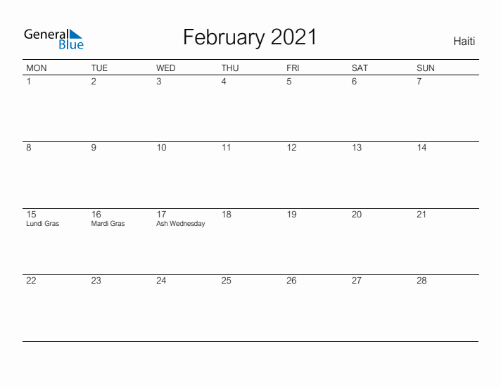 Printable February 2021 Calendar for Haiti