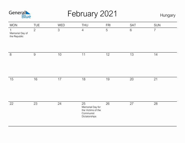 Printable February 2021 Calendar for Hungary