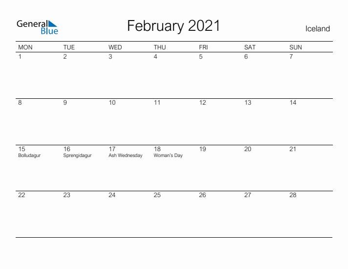 Printable February 2021 Calendar for Iceland