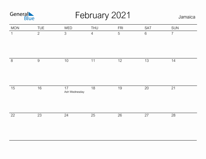 Printable February 2021 Calendar for Jamaica