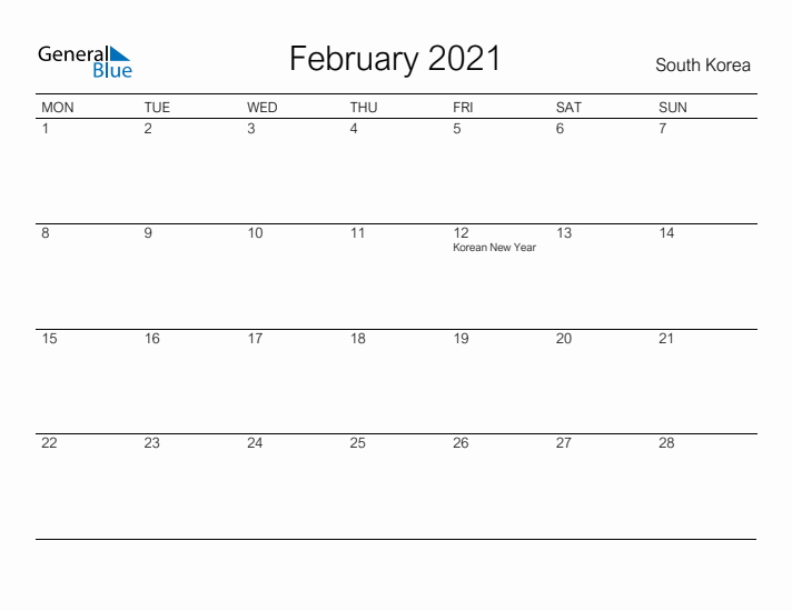 Printable February 2021 Calendar for South Korea