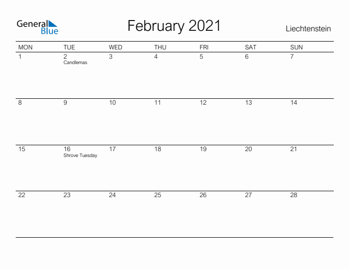 Printable February 2021 Calendar for Liechtenstein