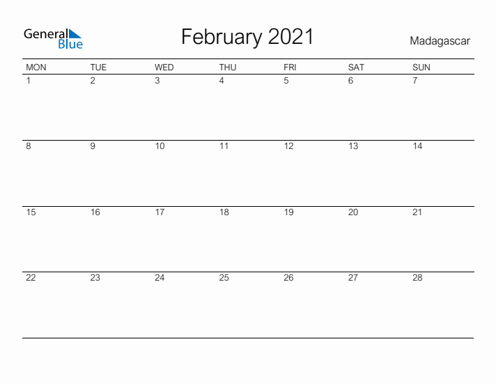 Printable February 2021 Calendar for Madagascar