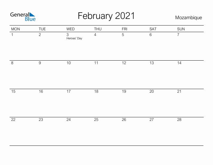 Printable February 2021 Calendar for Mozambique