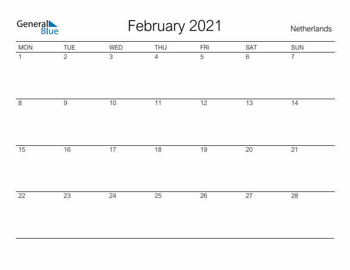 Printable February 2021 Calendar for The Netherlands