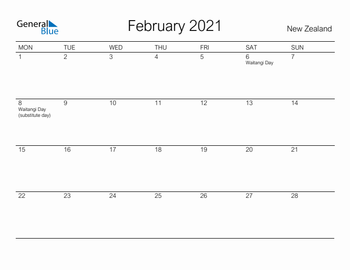 Printable February 2021 Calendar for New Zealand