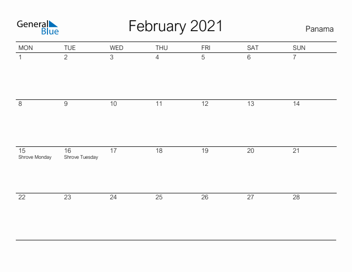 Printable February 2021 Calendar for Panama
