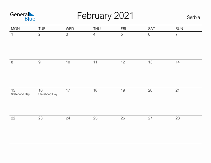 Printable February 2021 Calendar for Serbia