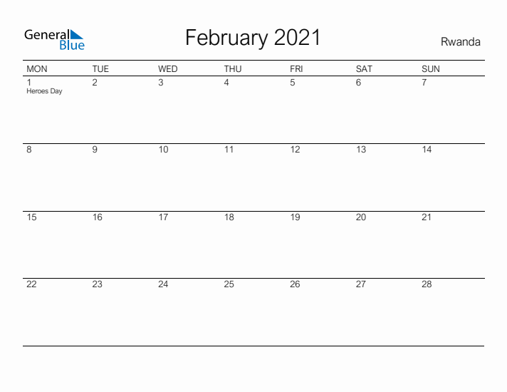 Printable February 2021 Calendar for Rwanda
