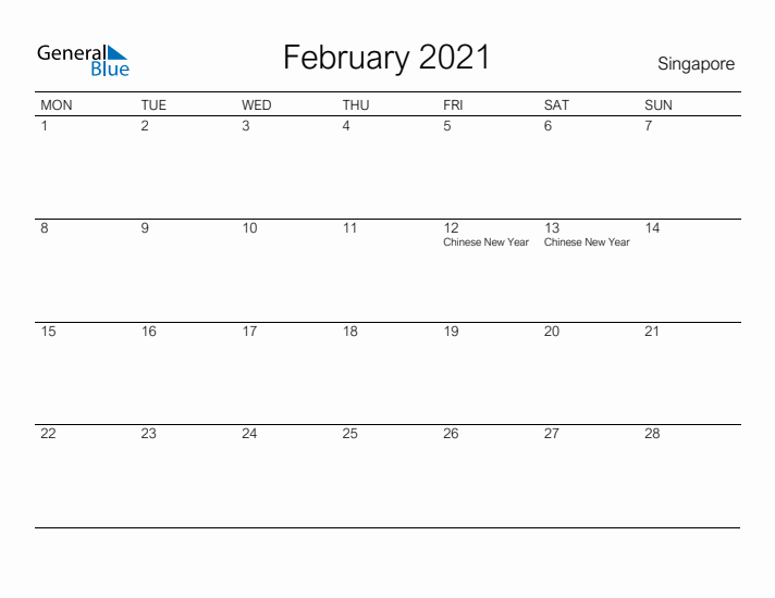 Printable February 2021 Calendar for Singapore
