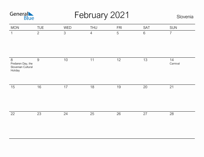 Printable February 2021 Calendar for Slovenia