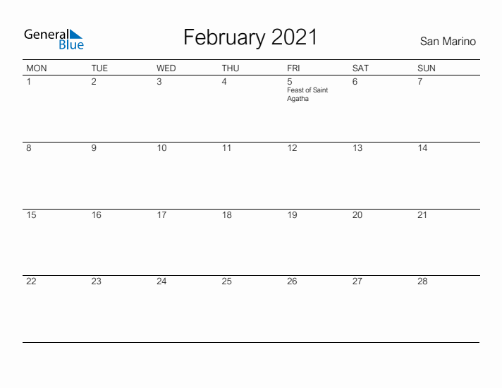 Printable February 2021 Calendar for San Marino