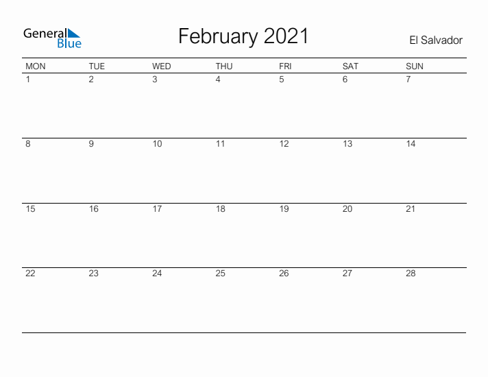 Printable February 2021 Calendar for El Salvador