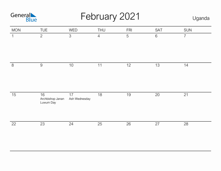 Printable February 2021 Calendar for Uganda