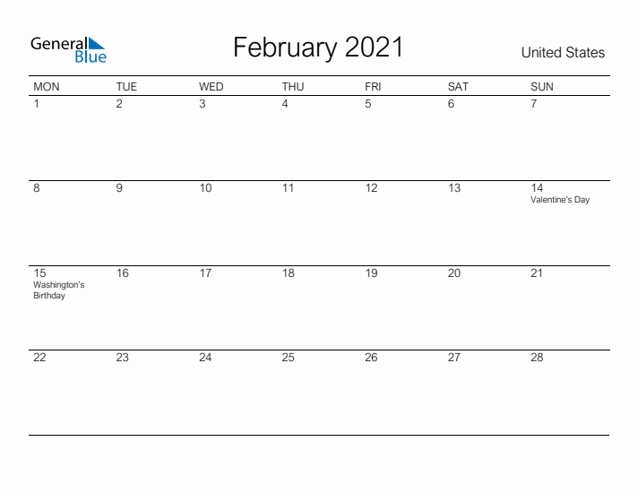 Printable February 2021 Calendar for United States