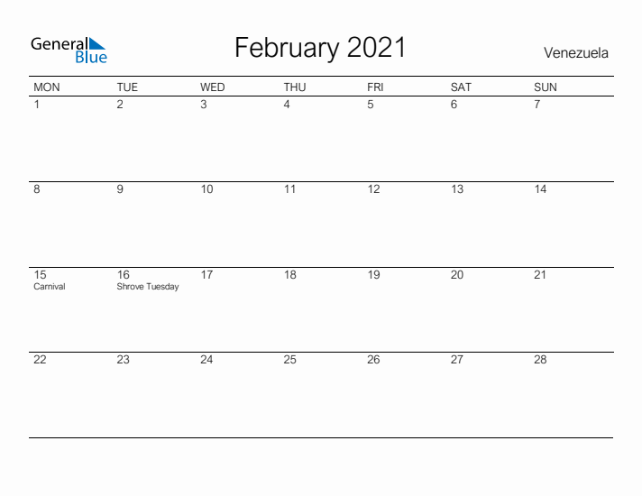 Printable February 2021 Calendar for Venezuela