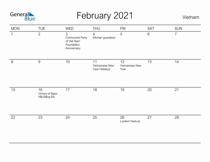 Printable February 2021 Calendar for Vietnam