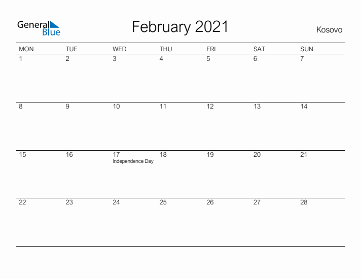 Printable February 2021 Calendar for Kosovo