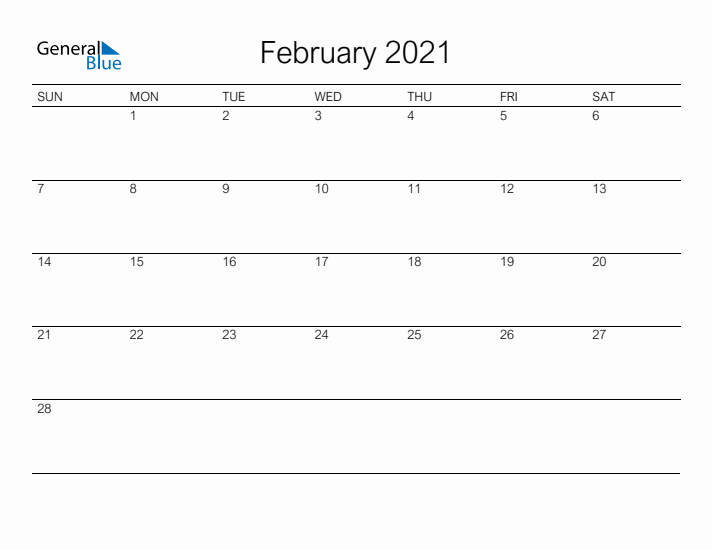 Printable February 2021 Calendar - Sunday Start