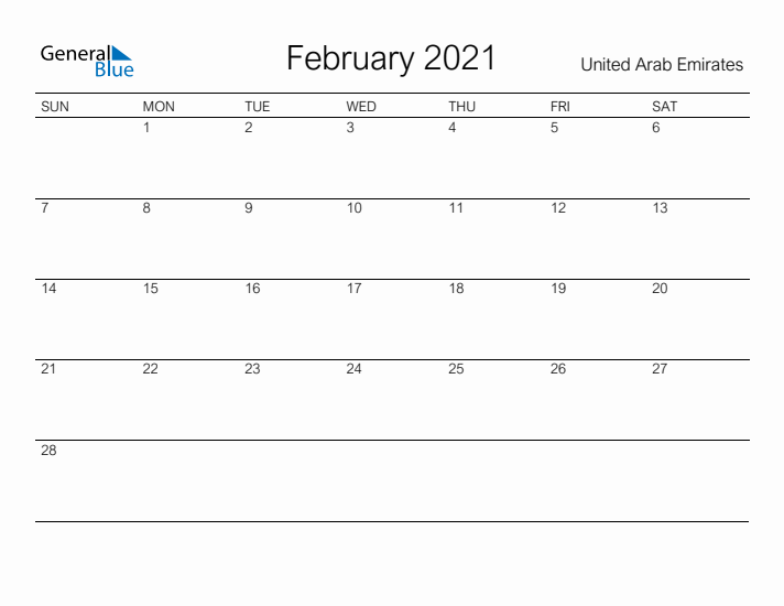 Printable February 2021 Calendar for United Arab Emirates