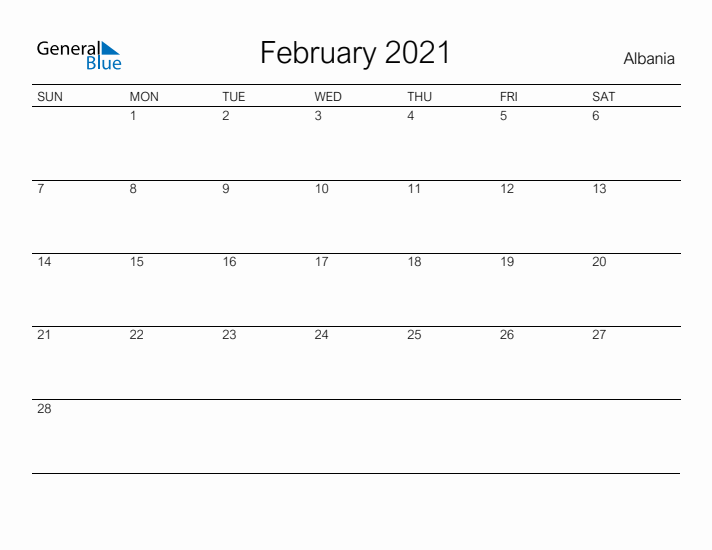 Printable February 2021 Calendar for Albania
