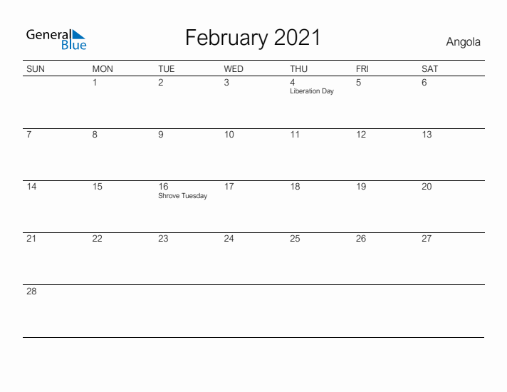 Printable February 2021 Calendar for Angola
