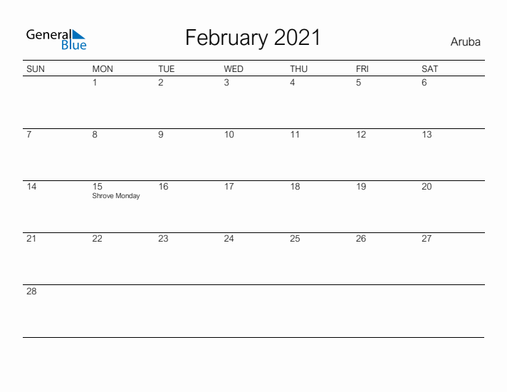 Printable February 2021 Calendar for Aruba