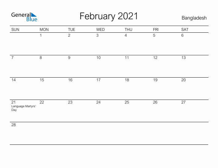 Printable February 2021 Calendar for Bangladesh