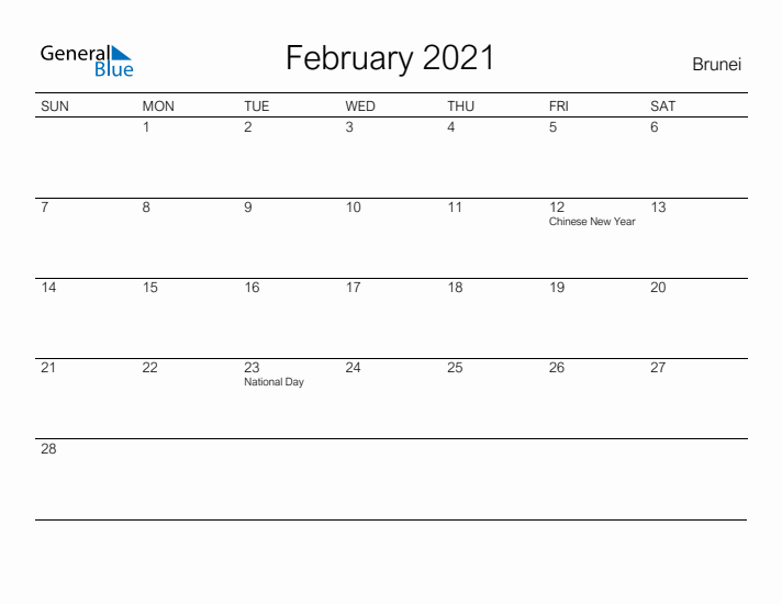 Printable February 2021 Calendar for Brunei