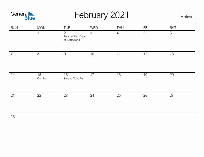 Printable February 2021 Calendar for Bolivia