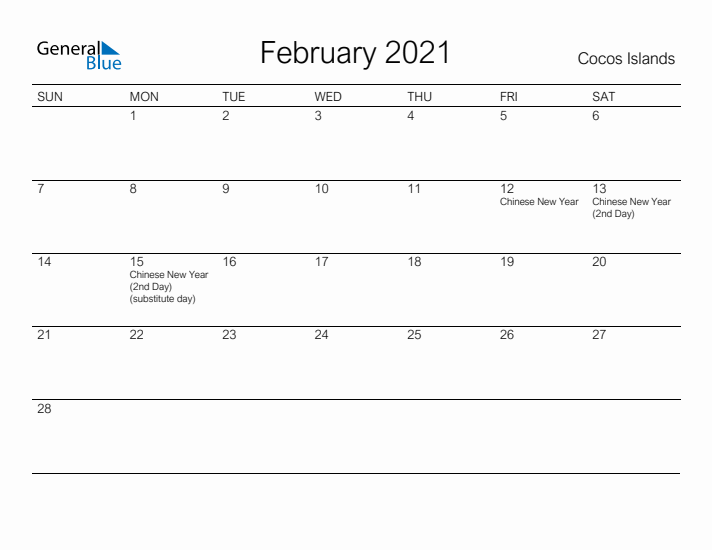 Printable February 2021 Calendar for Cocos Islands