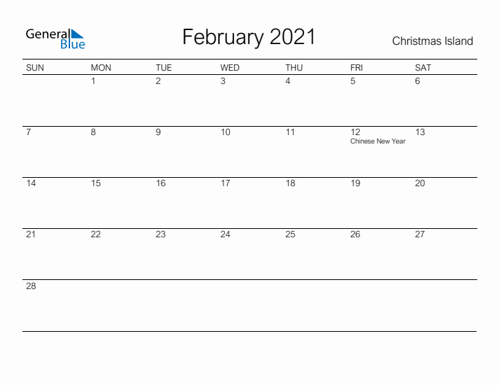 Printable February 2021 Calendar for Christmas Island
