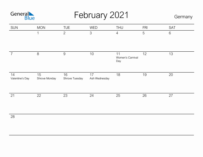 Printable February 2021 Calendar for Germany