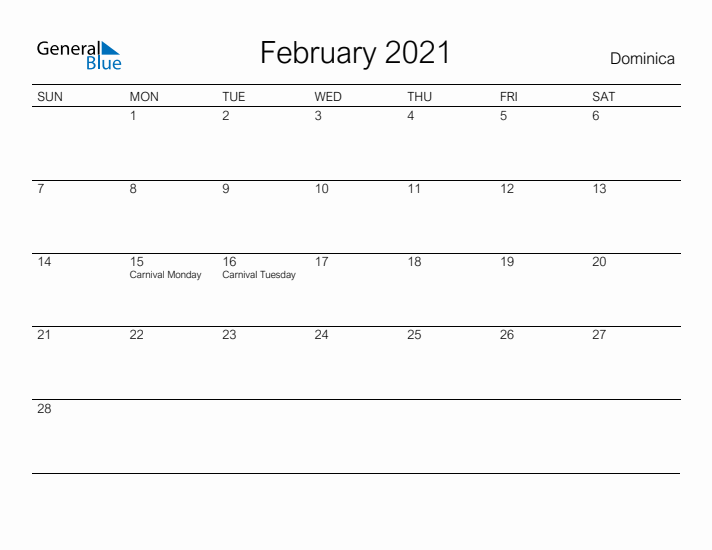 Printable February 2021 Calendar for Dominica