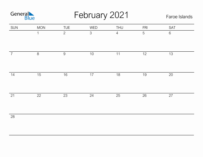 Printable February 2021 Calendar for Faroe Islands