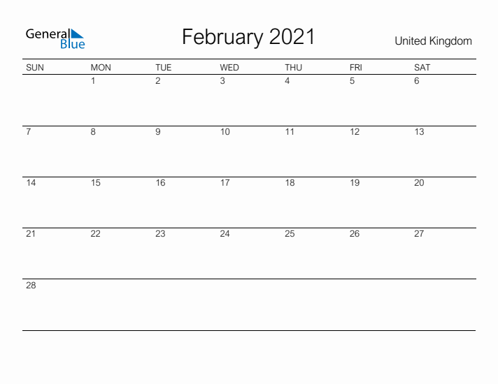 Printable February 2021 Calendar for United Kingdom