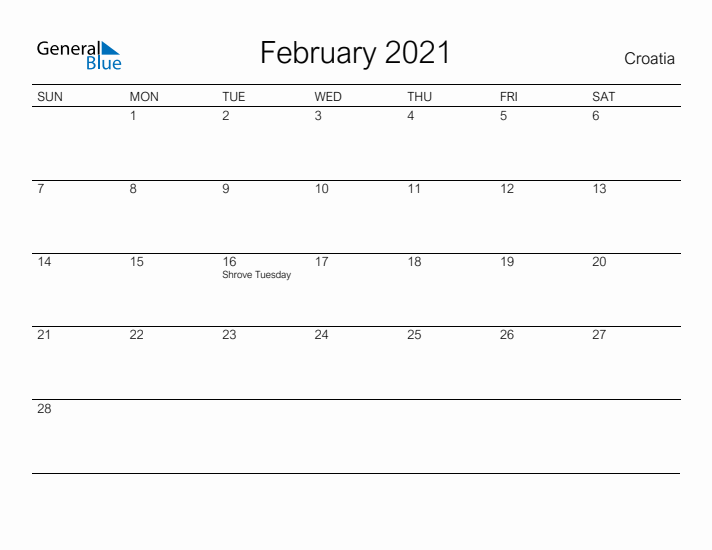 Printable February 2021 Calendar for Croatia