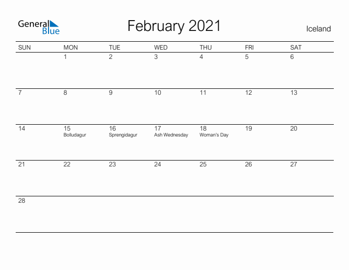 Printable February 2021 Calendar for Iceland