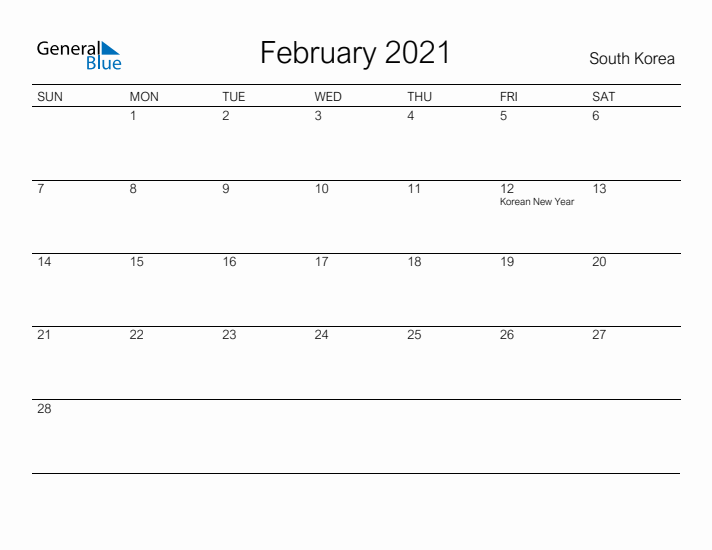Printable February 2021 Calendar for South Korea