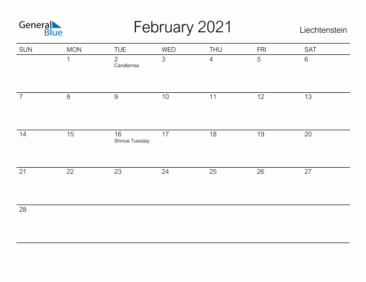 Printable February 2021 Calendar for Liechtenstein