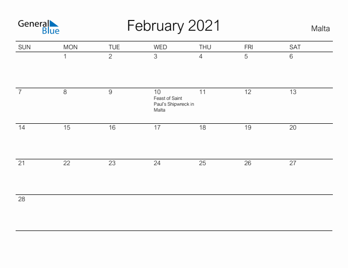 Printable February 2021 Calendar for Malta