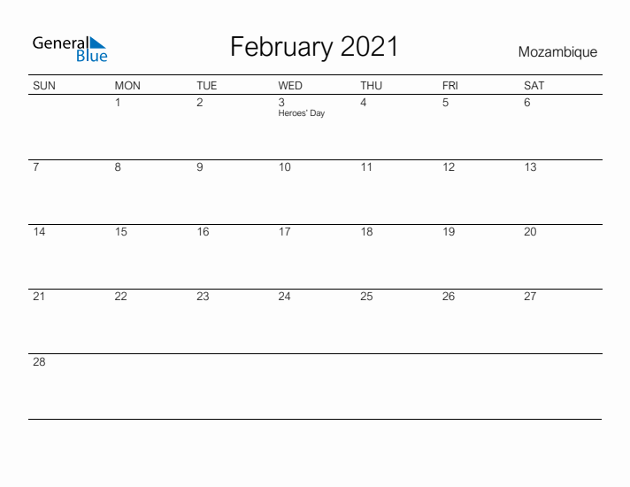 Printable February 2021 Calendar for Mozambique