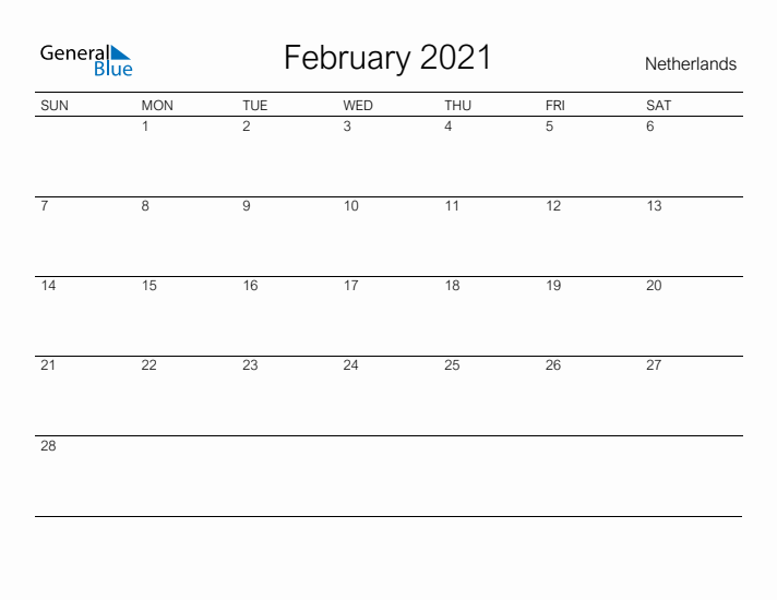 Printable February 2021 Calendar for The Netherlands