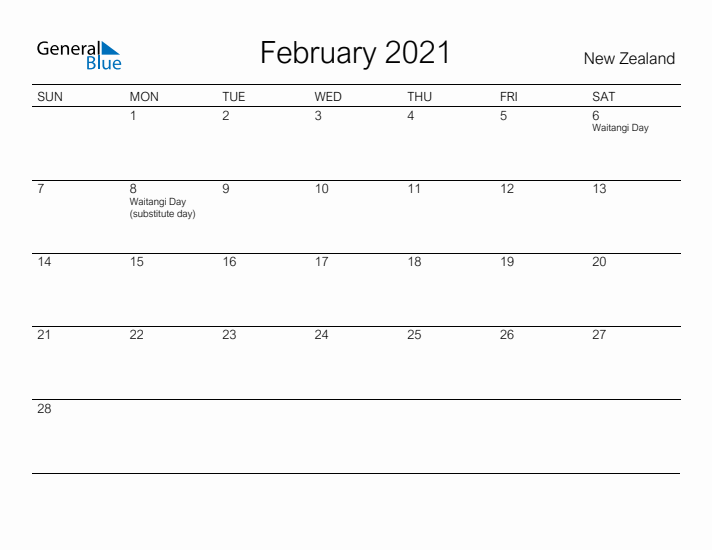 Printable February 2021 Calendar for New Zealand