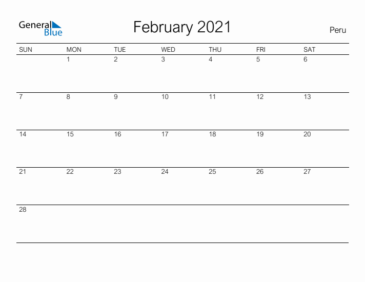 Printable February 2021 Calendar for Peru