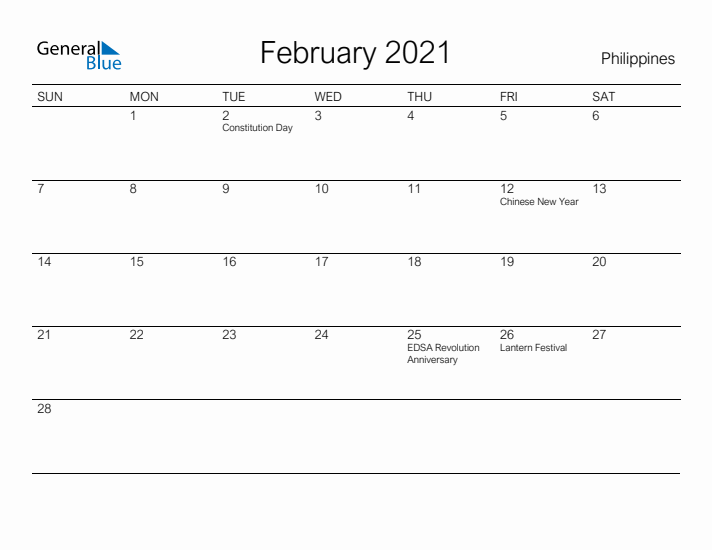 Printable February 2021 Calendar for Philippines