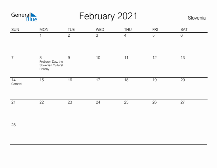 Printable February 2021 Calendar for Slovenia