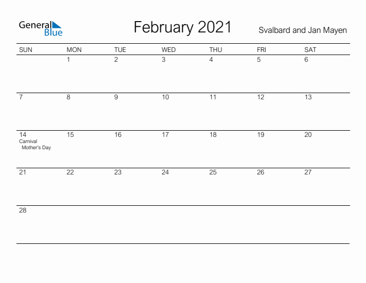 Printable February 2021 Calendar for Svalbard and Jan Mayen