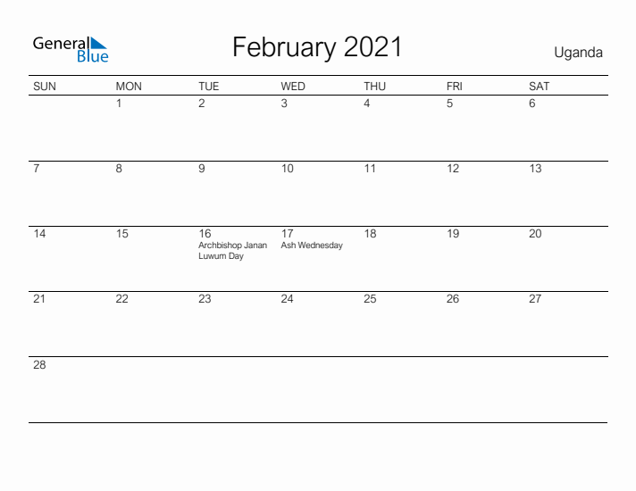 Printable February 2021 Calendar for Uganda