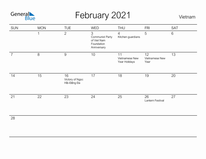 Printable February 2021 Calendar for Vietnam